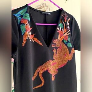 Zara Black Faux Embroidered Colorful Tiger and flowers Mini Dress